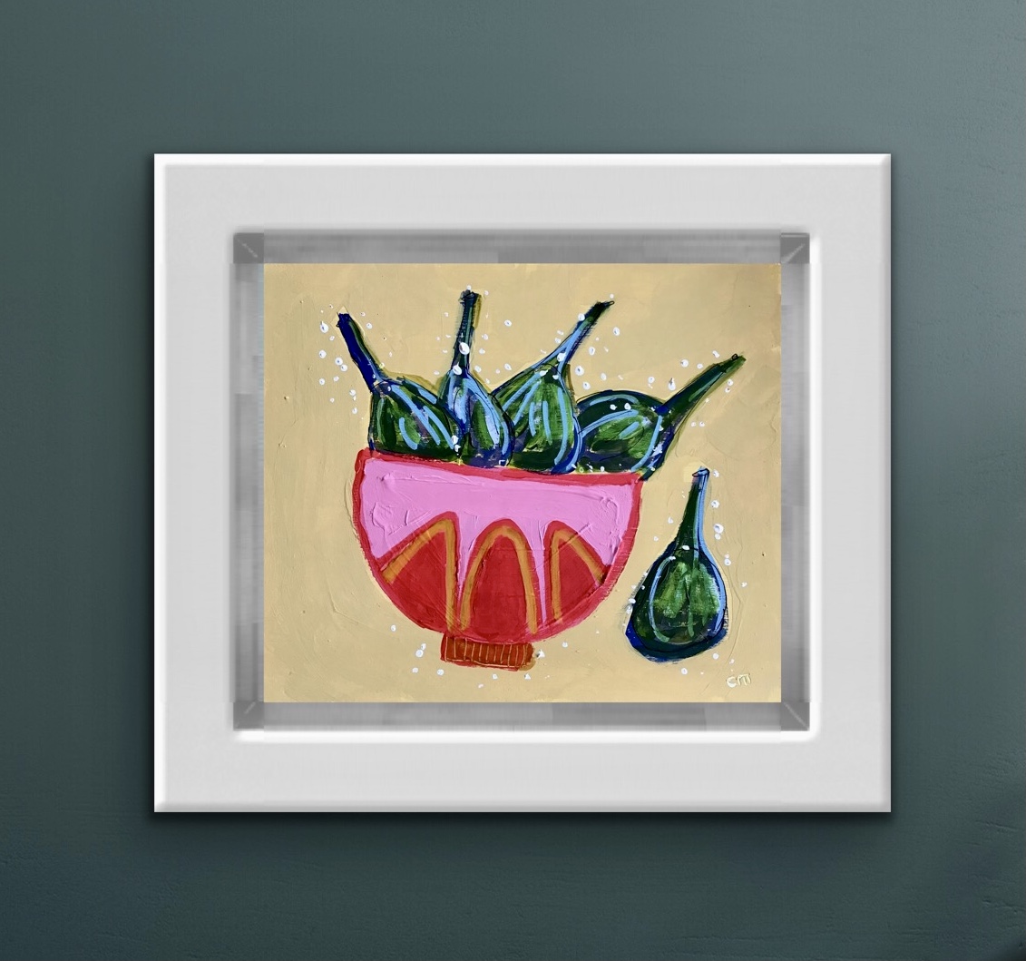 Figs in Pink Bowl, mixed media on board, 22cm x 25cm