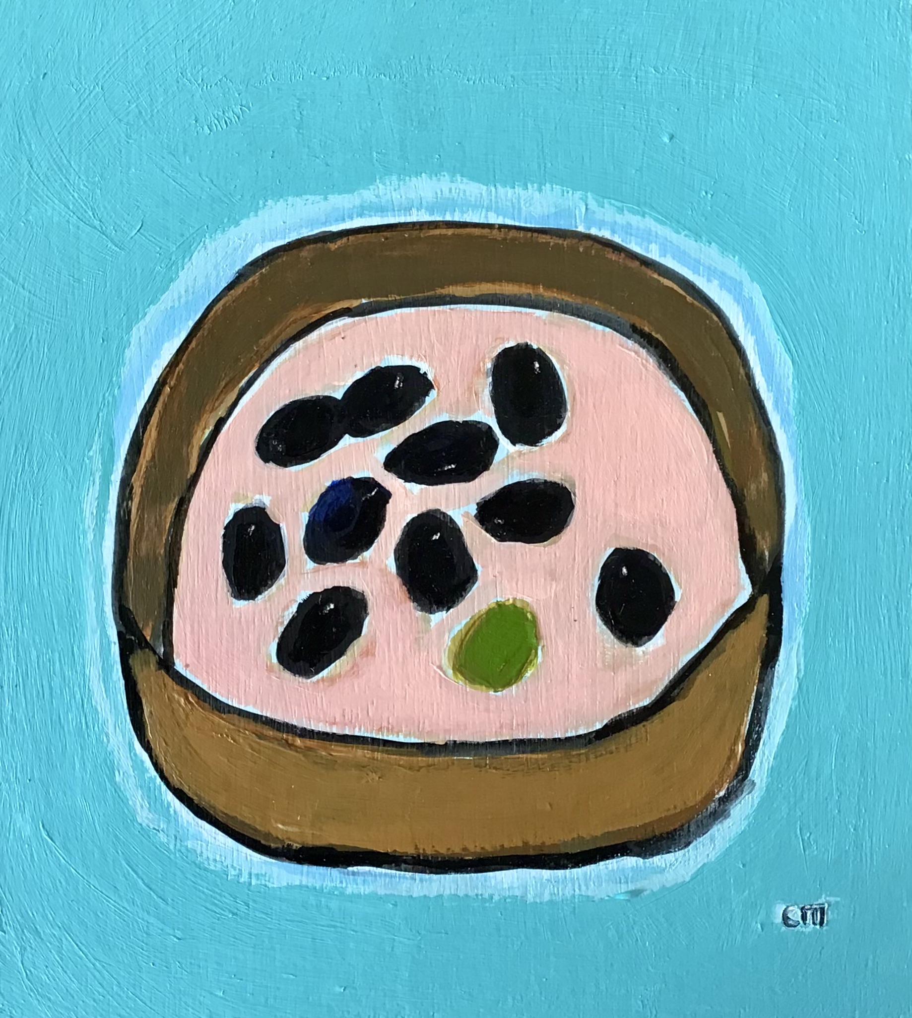 Figs in Pink Bowl, mixed media on board, 22cm x 25cm