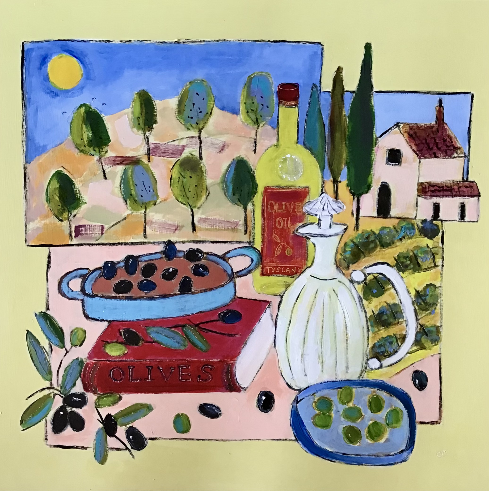Still Life with Garlic & Fruit, mixed media on board, 50cm x 50cm