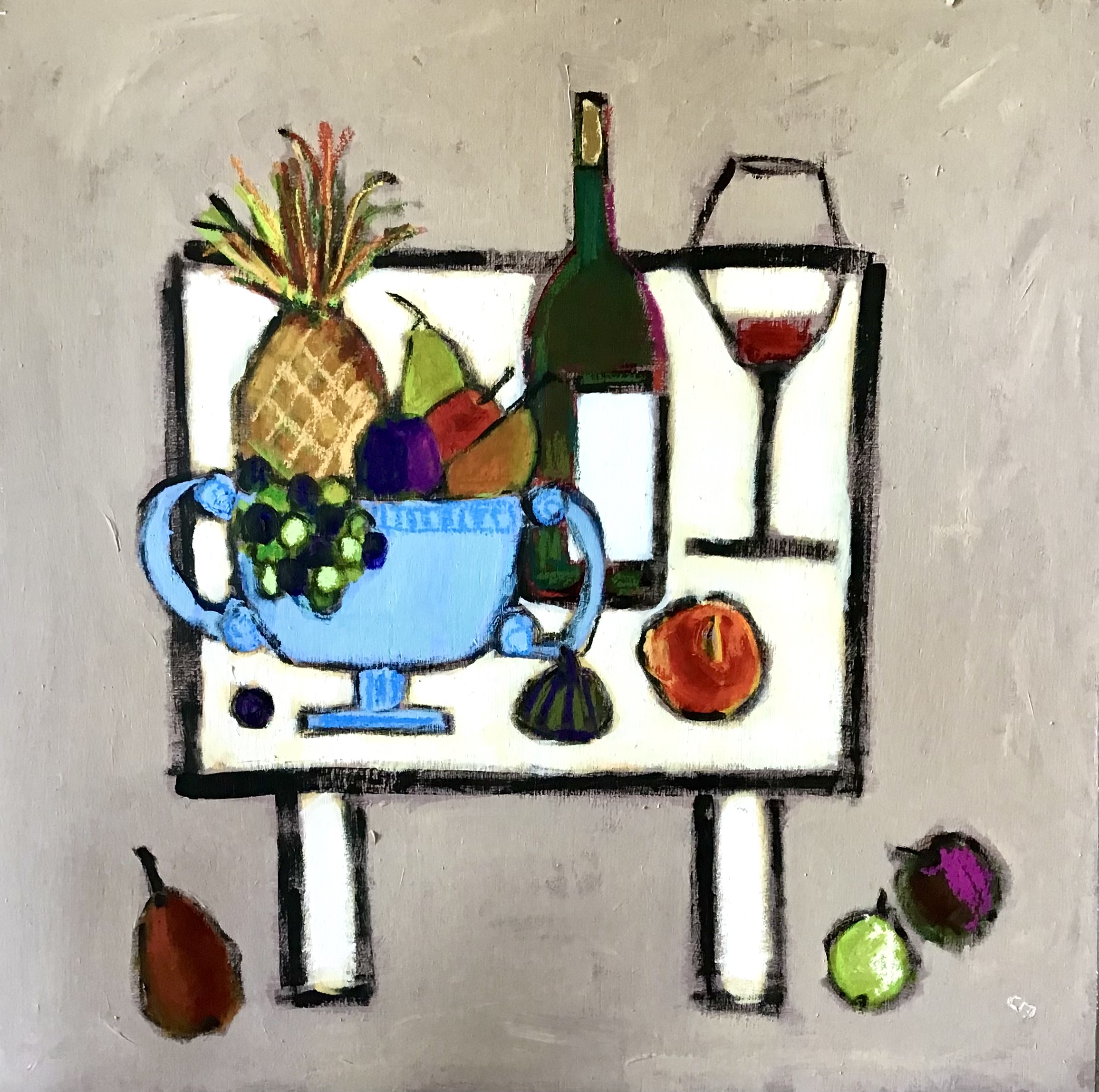 Still Life with Garlic & Fruit, mixed media on board, 50cm x 50cm