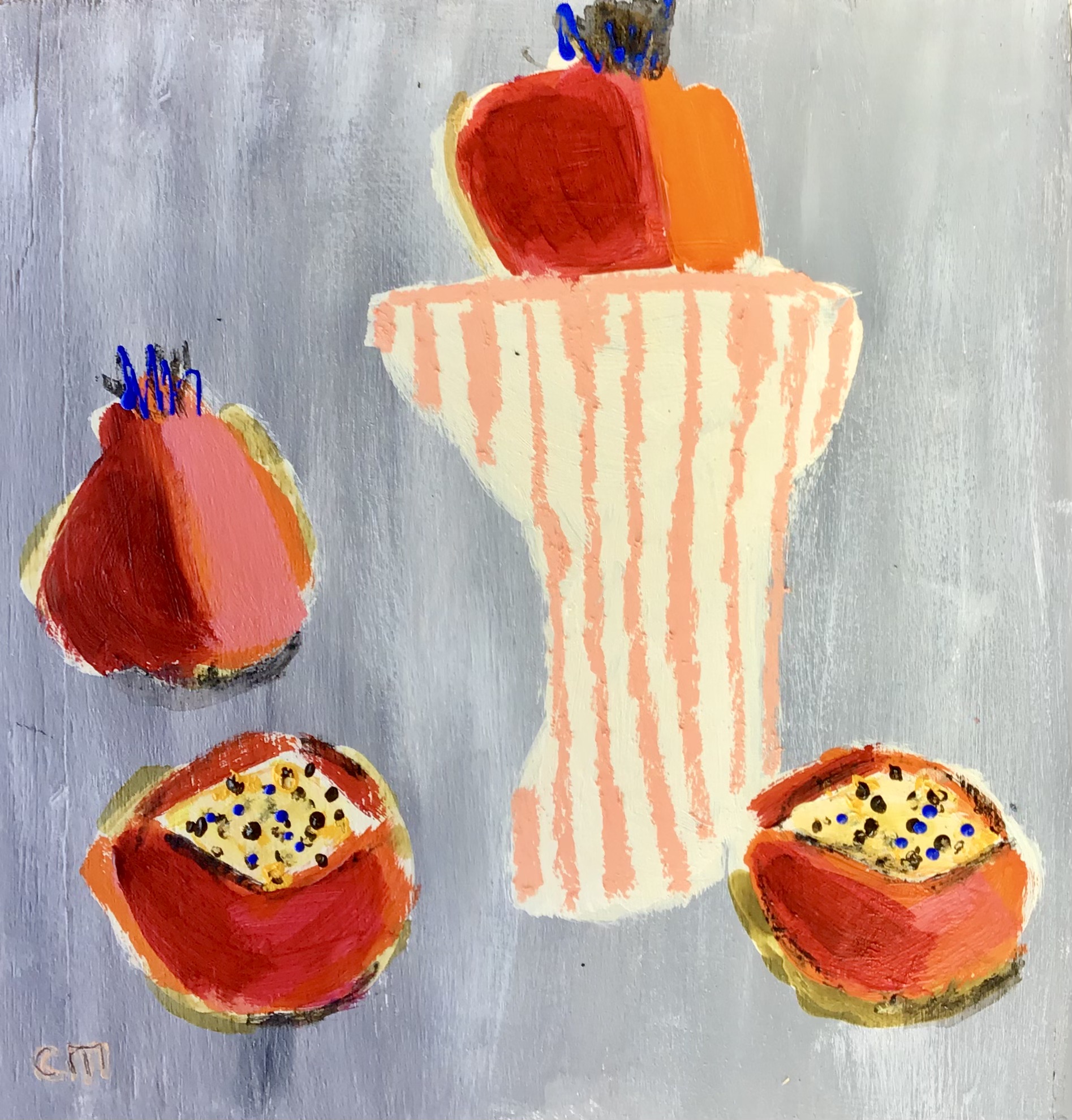 Figs in Pink Bowl, mixed media on board, 22cm x 25cm