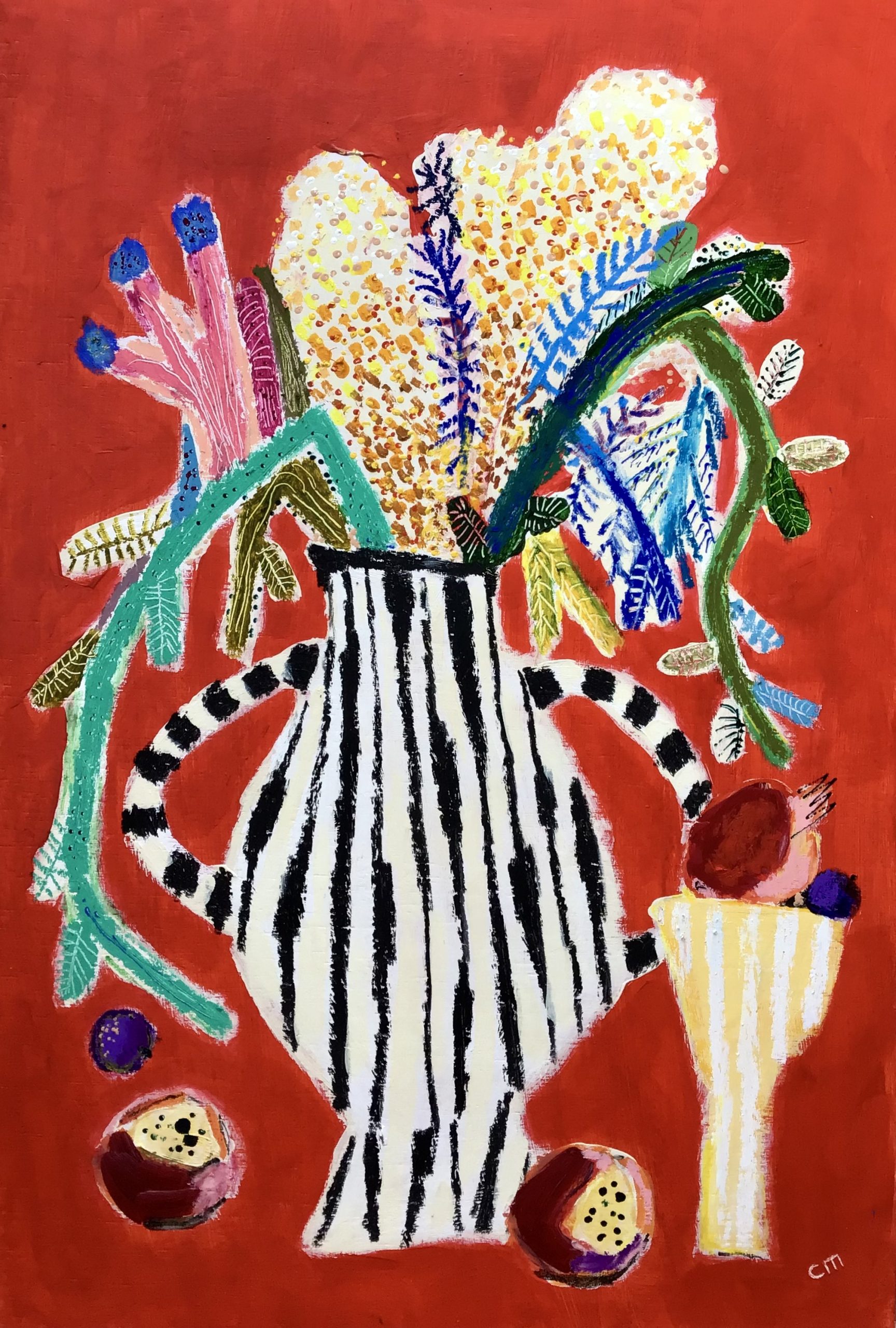 Still Life with Garlic & Fruit, mixed media on board, 50cm x 50cm