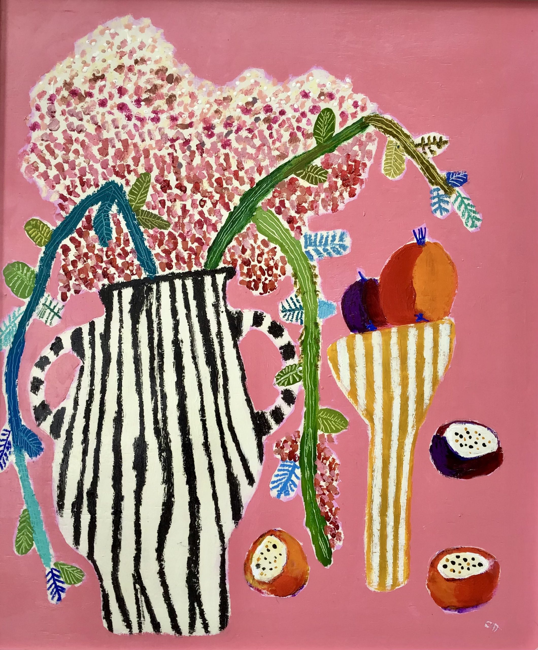 Still Life with Garlic & Fruit, mixed media on board, 50cm x 50cm