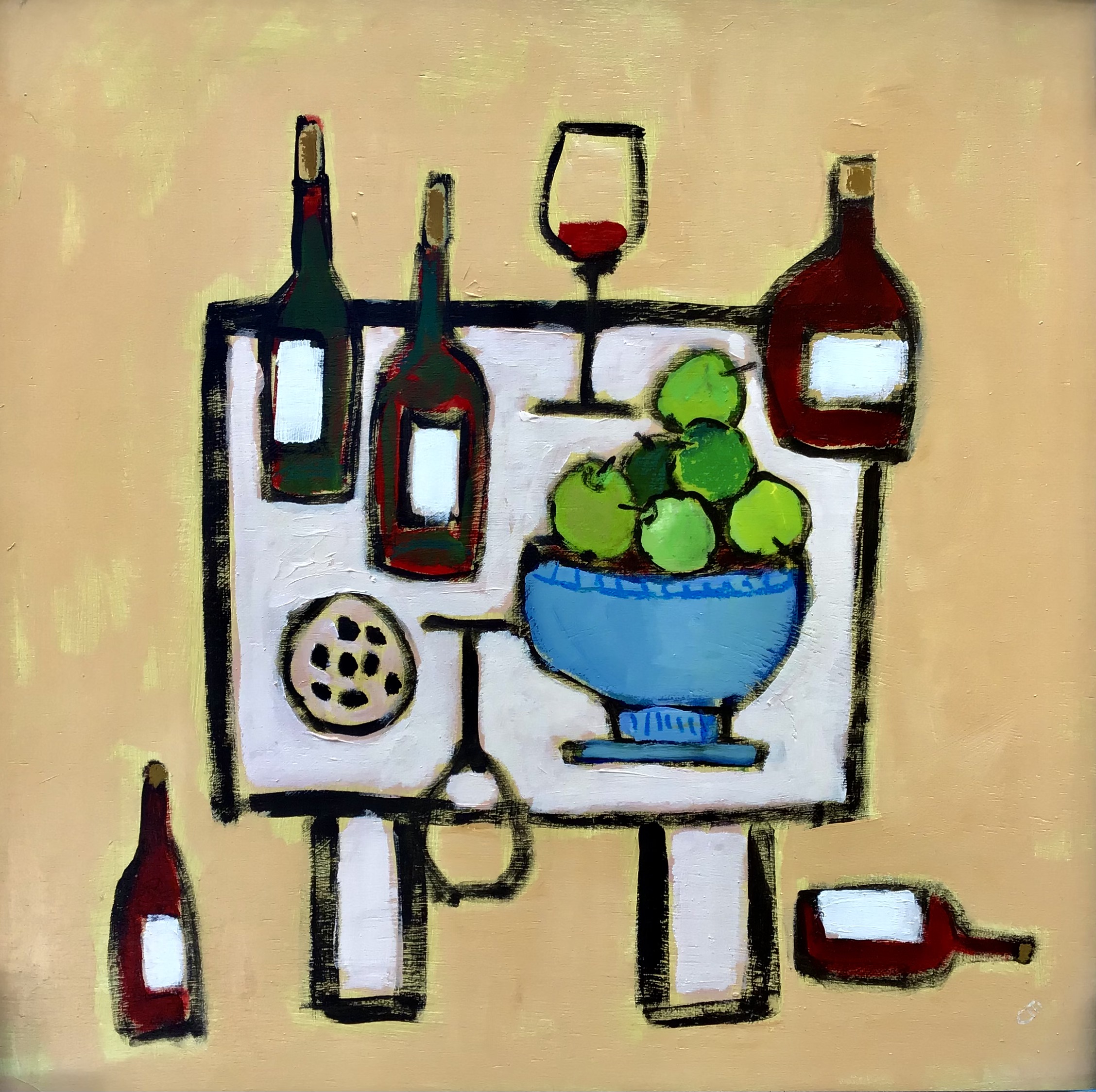 Still Life with Garlic & Fruit, mixed media on board, 50cm x 50cm
