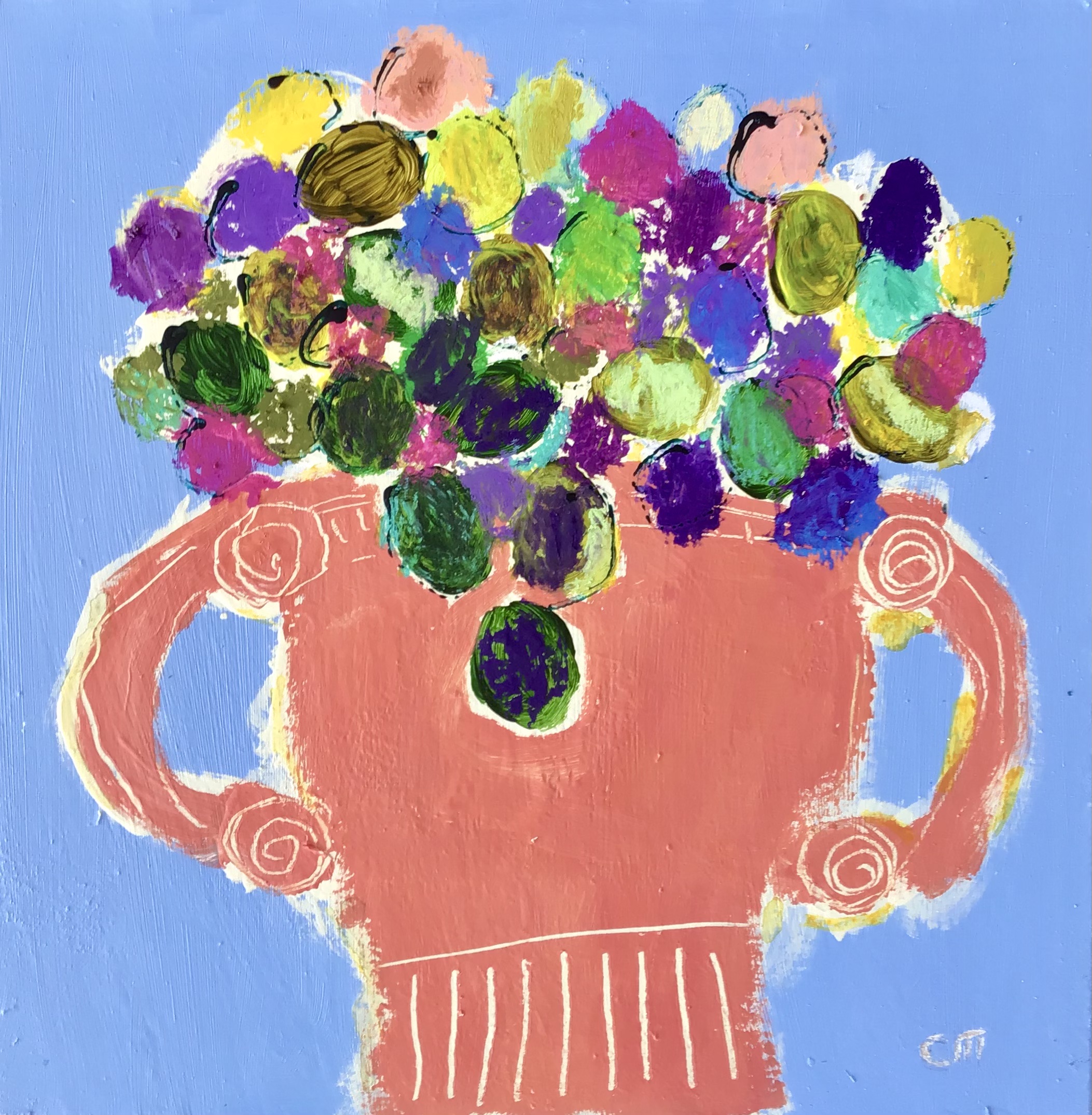Figs in Pink Bowl, mixed media on board, 22cm x 25cm