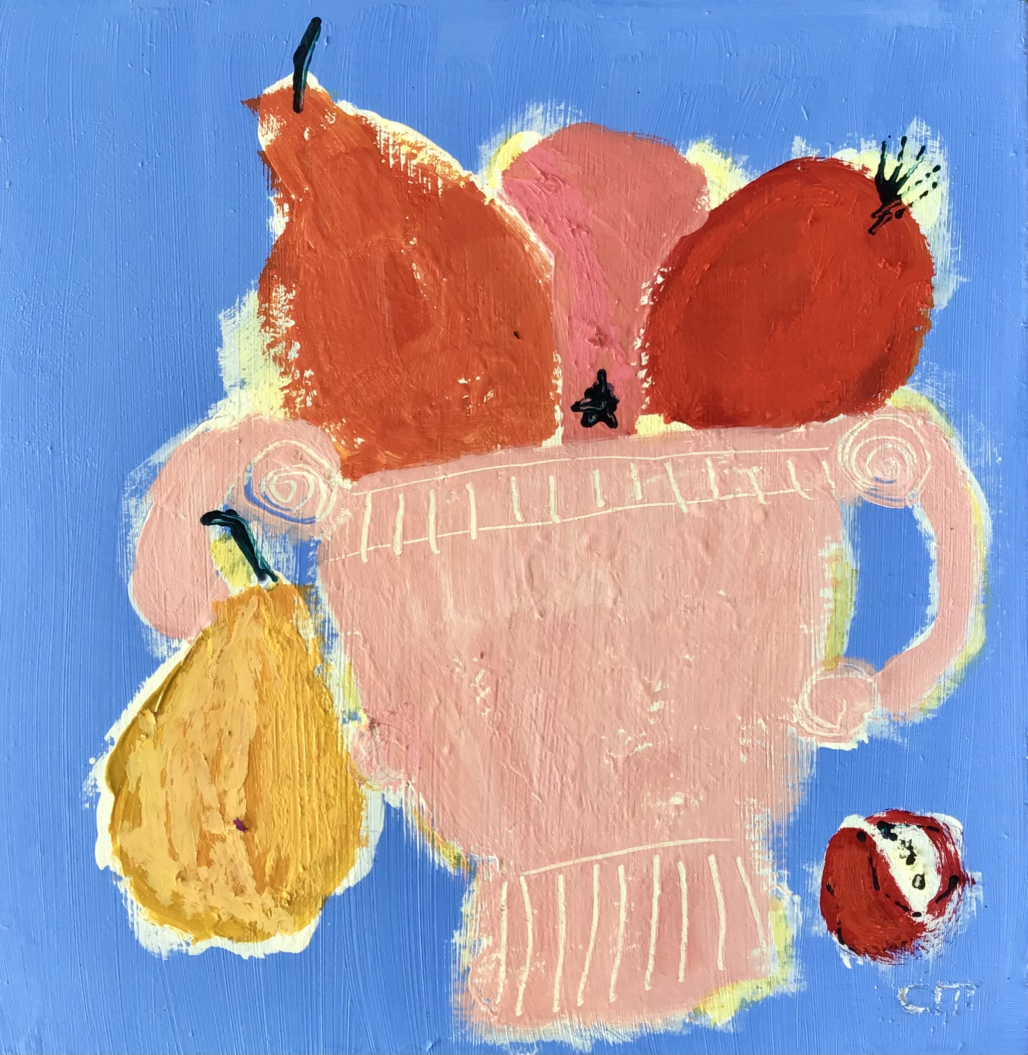 Figs in Pink Bowl, mixed media on board, 22cm x 25cm