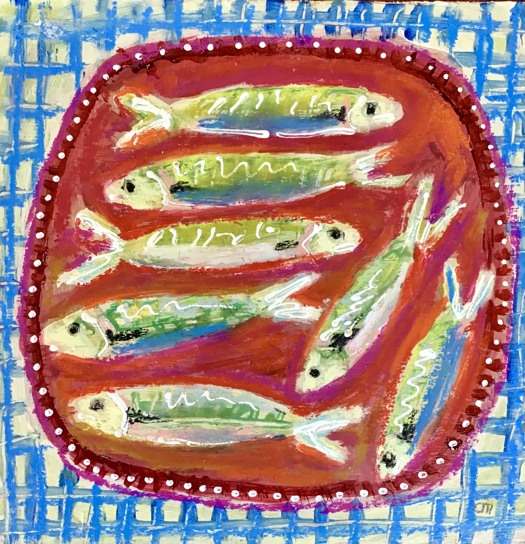 Figs in Pink Bowl, mixed media on board, 22cm x 25cm